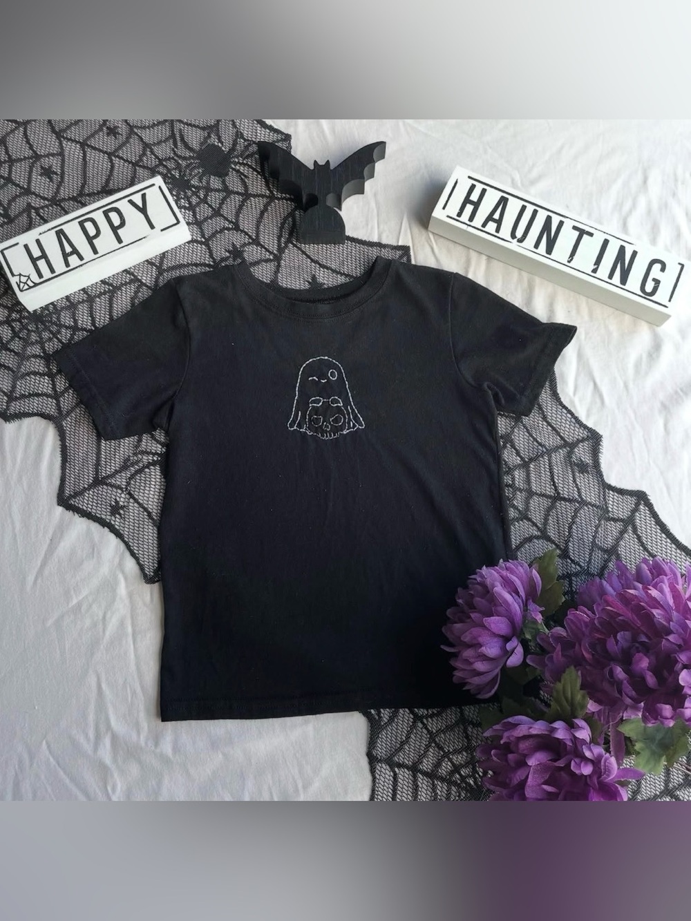 Kids Black Ghost Tee with Embroidered Ghost Graphic